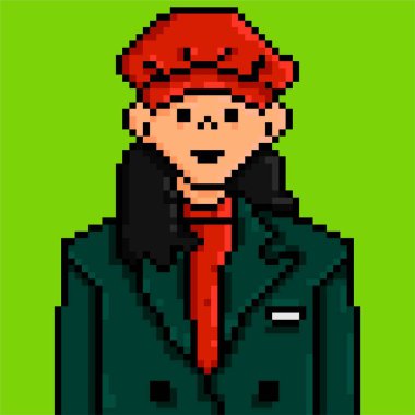 Piksel sanat tarzı Genç kadın avatar çizimi. Logo, etiket, ağ, nakış ve mobil uygulama için element tasarımı. Piksel resim simgesi. İzole vektör çizimi. 8-bit peri.