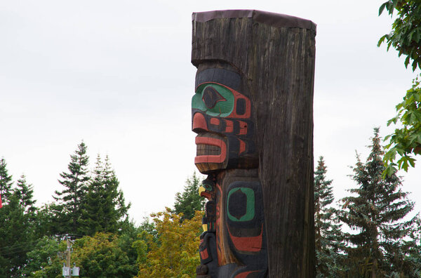 Traditional totem pole on display in Duncan British Columbia