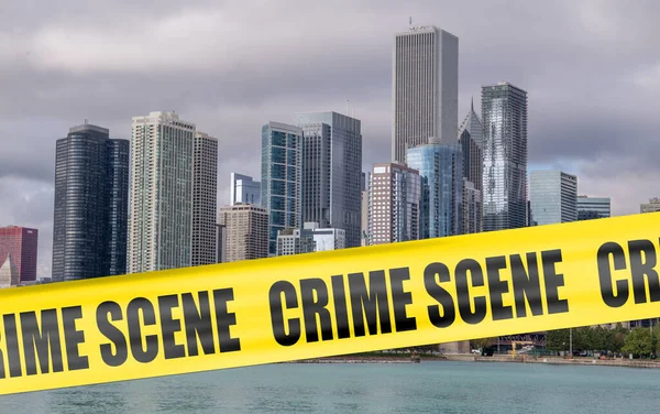 Chicago skyline with crime scene tape