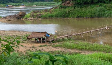 Laos 'taki Mekong Nehri boyunca Bambu köprüsü