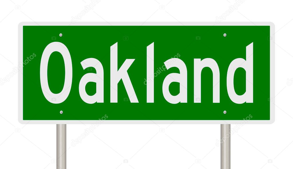 A rendered green 3D highway sign for Oakland