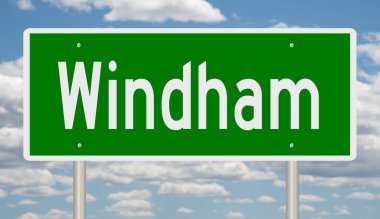 A rendered green highway sign