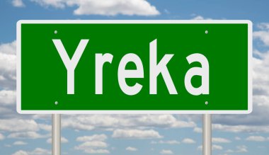 A rendered green highway sign for Yreka California