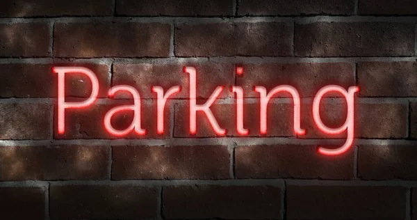 Neon Sign Brick Wall Parking — Fotografia de Stock