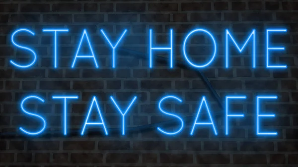 Neon Sign Brick Wall Stay Home Stay Safe — Zdjęcie stockowe