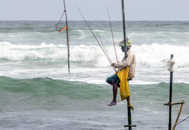 Traditional stilt fishing at a beach in Sri Lanka