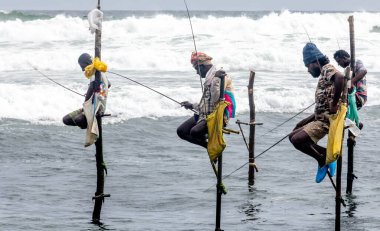Traditional stilt fishing at a beach in Sri Lanka