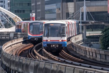 BTS elevated sky trains in downtown Bangkok Thailand