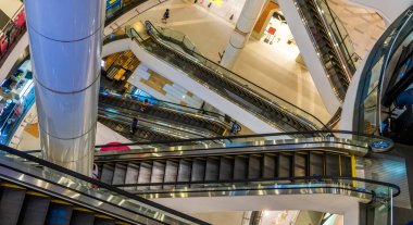Patterns of escalators in a large Asian shopping mall