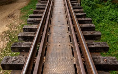 Tracks leading toward Burma/Myanmar at the bridge over the River Kwai at Kanchanaburi Thailand