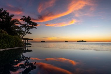 Reflections in a resort infinity pool during a tropical sunset