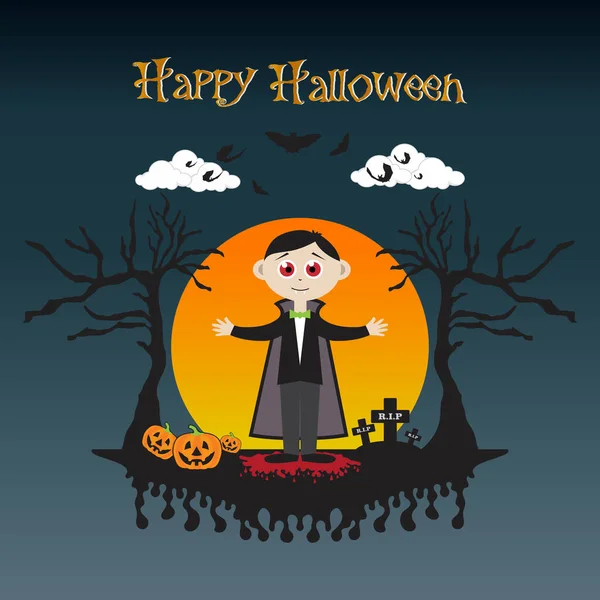 Halloween Lindo Personaje Drácula Calabaza Murciélago Espeluznante Árboles Con Plena — Archivo Imágenes Vectoriales