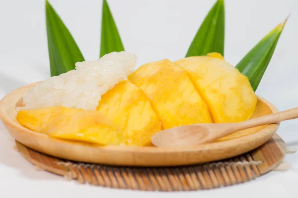 Mango Sticky Rice Wooden Plate Wooden Spoon White Background — Stock Photo, Image