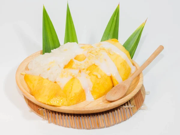 Mango Sticky Rice Wooden Plate Wooden Spoon White Background — Stock Photo, Image