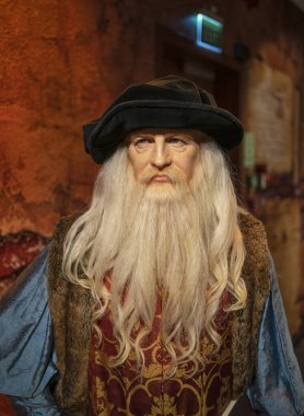 Leonardo da Vinci 'nin İstanbul' daki balmumu heykeli. Leonardo da Vinci, Rönesans hümanist idealini temsil eden bir İtalyan ressam, ressam, heykeltıraş, mimar ve mühendisti. 2021.