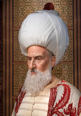 Madam Tussauds İstanbul 'da Kanuni Sultan Süleyman (Muhteşem Süleyman) balmumu heykeli. Süleyman, Osmanlı İmparatorluğu 'nun onuncu ve en uzun süredir hüküm süren sultanıydı..