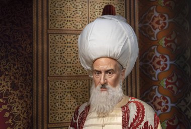 Madam Tussauds İstanbul 'da Kanuni Sultan Süleyman (Muhteşem Süleyman) balmumu heykeli. Süleyman, Osmanlı İmparatorluğu 'nun onuncu ve en uzun süredir hüküm süren sultanıydı..