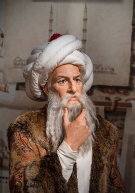 Bayan Tussauds İstanbul 'da Mimar Sinan' ın balmumu heykeli. Mimar Sinan Osmanlı İmparatorluğu 'nun mimar şefi ve inşaat mühendisiydi. 2021.