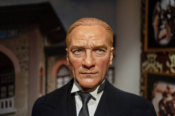 Mustafa Kemal Ataturk wax sculpture at Madame Tussauds Istanbul. Mustafa Kemal Ataturk was a Turkish field marshal, revolutionary statesman and the founding of the Republic of Turkey. 2021.