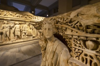İstanbul Arkeoloji Müzesi, Türkiye 'deki Sarcophagus' a yakın çekim.