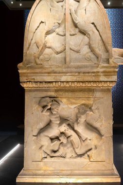 Sidon 'un İstanbul Arkeoloji Müzesi' ndeki Lycian Sarcophagus 'unun ayrıntılı görünümü.