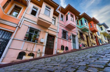 View of colorful historical houses in Balat. Balat is the traditional old quarter in the Fatih district of Istanbul.
