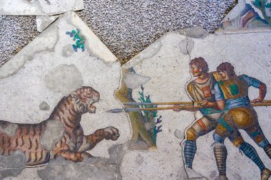 Büyük Konstantinopolis Sarayı 'nda Bizans döneminden kalma bir kaplanla savaşan mızraklı askerleri tasvir eden mozaik. 4.-6. yüzyıl. Büyük Saray Mozaik Müzesi. İstanbul, Türkiye.