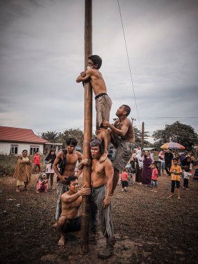 the excitement of children and adults taking part in the areca climbing competition to enliven the independence day of the republic of Indonesia, east kalimantan, indonesia, august, 14,2022