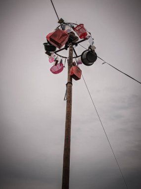 the excitement of children and adults taking part in the areca climbing competition to enliven the independence day of the republic of Indonesia, east kalimantan, indonesia, august, 14,2022
