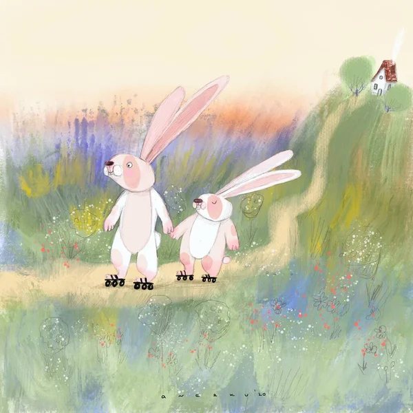 Рожеві Кролики Роликових Ковзанах Фоні Зеленої Трави Маленького Будинку — стокове фото
