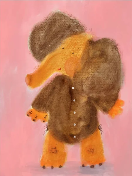 Children Illustration Funny Brown Elephant Pink Background — Stockfoto