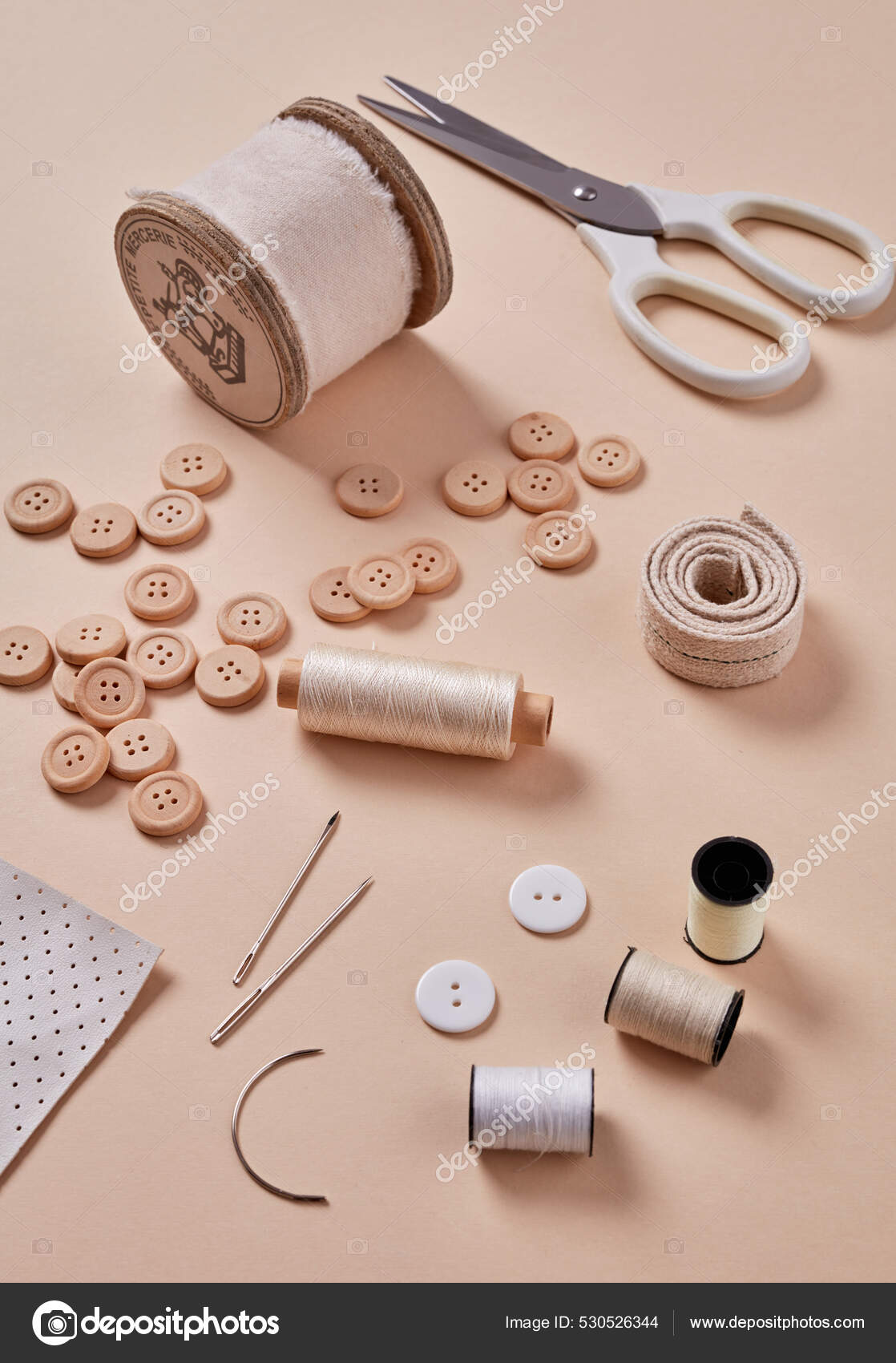 Sewing Accessories Beige Table Stock Photo by ©Goir 530526344