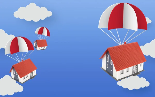 Parachutes Met Huizen Aan Blauwe Hemel — Stockfoto