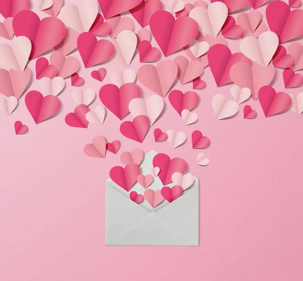 Composición San Valentín Con Sobres Corazones Papel Rosa — Foto de Stock