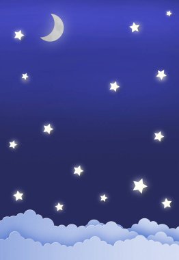 Gece gökyüzünde kağıt bulutlar ve yıldızlar