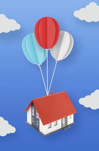 空に家を運ぶ風船 — ストック写真