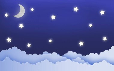 Gece gökyüzünde kağıt bulutlar ve yıldızlar