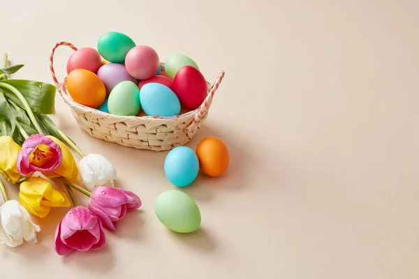 Renkli Paskalya Yumurtaları Sepeti Laleler — Stok fotoğraf