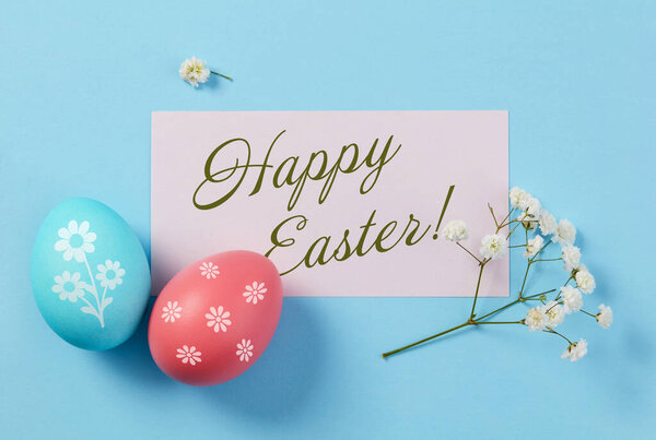Red and blue eggs and Easter card