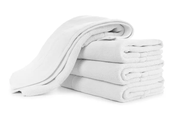 Stack Folded White Cotton Towels One Dropped Top — Stock Photo, Image