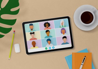 Ekranda insanların yüzleri olan dijital tablet