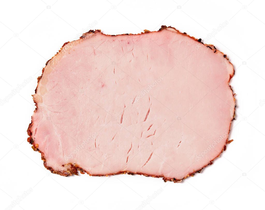 Smoked ham slice on white background