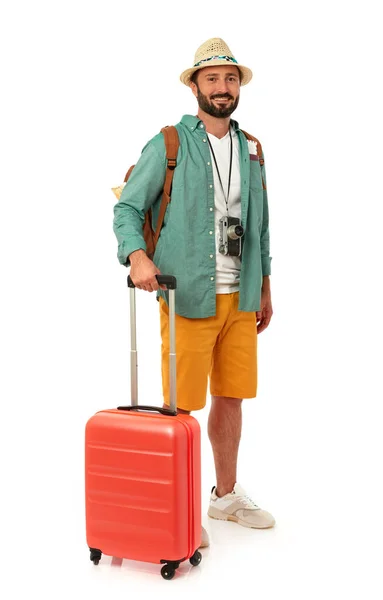 Cheerful Man Summer Clothing Luggage White Background — Stok fotoğraf