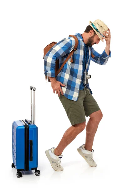 Cheerful Man Summer Clothing Luggage White Background — стоковое фото