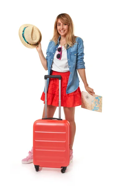 Cheerful Casual Woman Suitcase White Background — стоковое фото