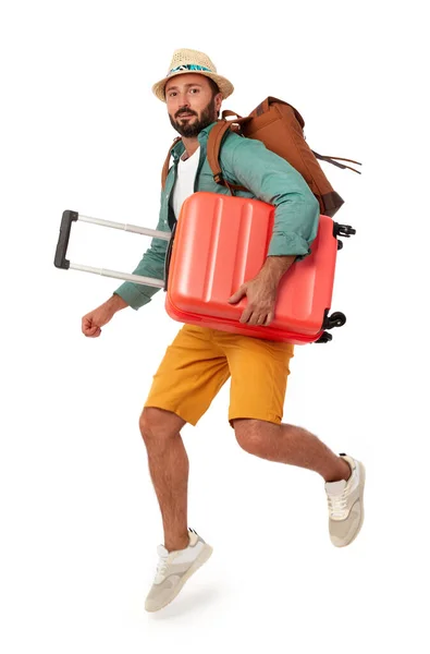 Cheerful Man Summer Clothing Luggage White Background — Foto Stock