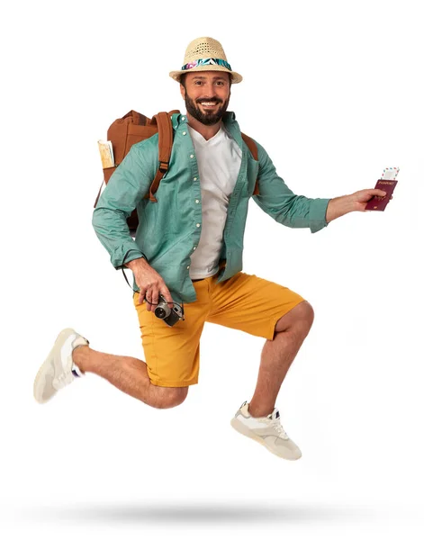 Cheerful Man Summer Clothing Luggage White Background — Stok fotoğraf