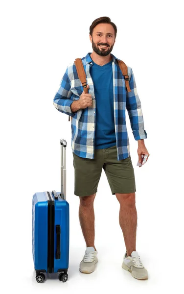 Cheerful Man Summer Clothing Luggage White Background — Stock Fotó