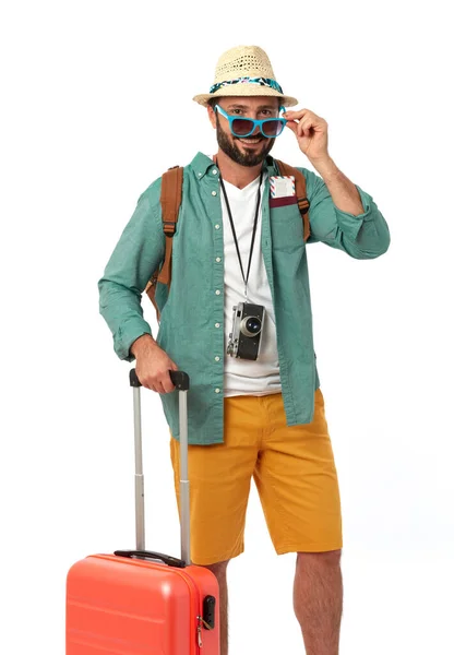Cheerful Man Summer Clothing Luggage White Background — Stock Fotó