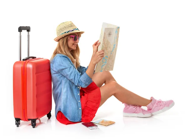 Cheerful Casual Woman Suitcase White Background — Stock Photo, Image